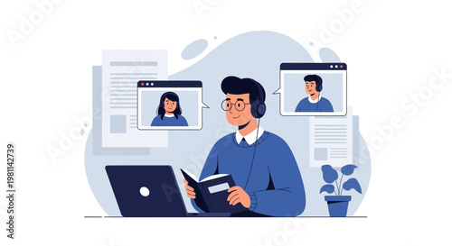 Online learning: student with headphones studies remotely with video call participants