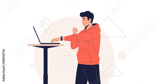 Man stretching at standing desk with laptop, healthy work routine, modern office