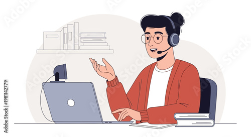 Online learning: student with headset and laptop, webcam, books, remote education concept