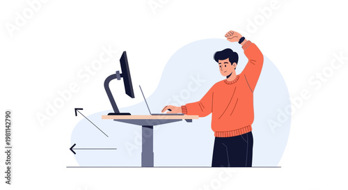 Man stretching at standing desk, working on laptop and computer