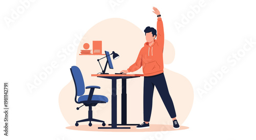 Man stretching at standing desk, office worker doing exercise, healthy lifestyle concept