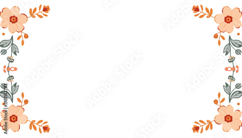 Vibrant peach flowers bloom in corners with green leaves and stems