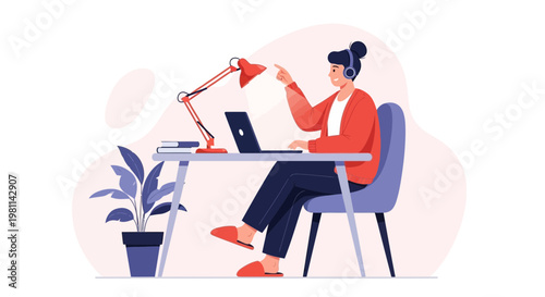 Person working from home with laptop, headphones, and desk lamp