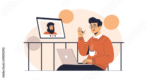 Man Waving Hello on Video Call with Friend, Working Remotely