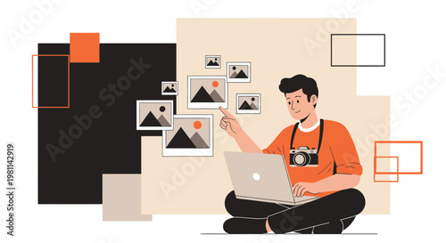 Photographer selecting images on laptop with camera around neck, digital art