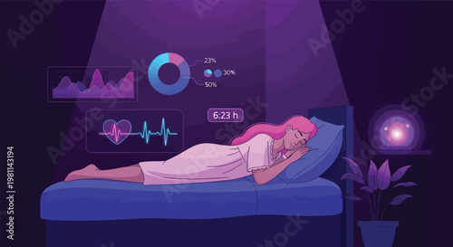 Sleep Tracking and Night Health Monitoring Concept with Woman Sleeping, Smart Analytics Dashboard, Heart Rate Data and Wellness Technology Vector Illustration