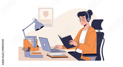 Student studying online with laptop, headphones, and book at desk