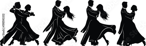 Silhouette of ballroom dancing couples performing elegant waltz movements in formal attire illustrating grace romance rhythm and classic dance culture