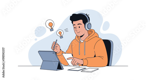 Student with headphones learning online, brainstorming ideas with lightbulbs