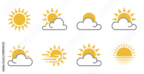 Weather forecast icons, sun and clouds in yellow and grey colors, vector climate symbols.