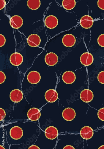 Elegant red polka dots with gold accents on a dark navy marble texture background