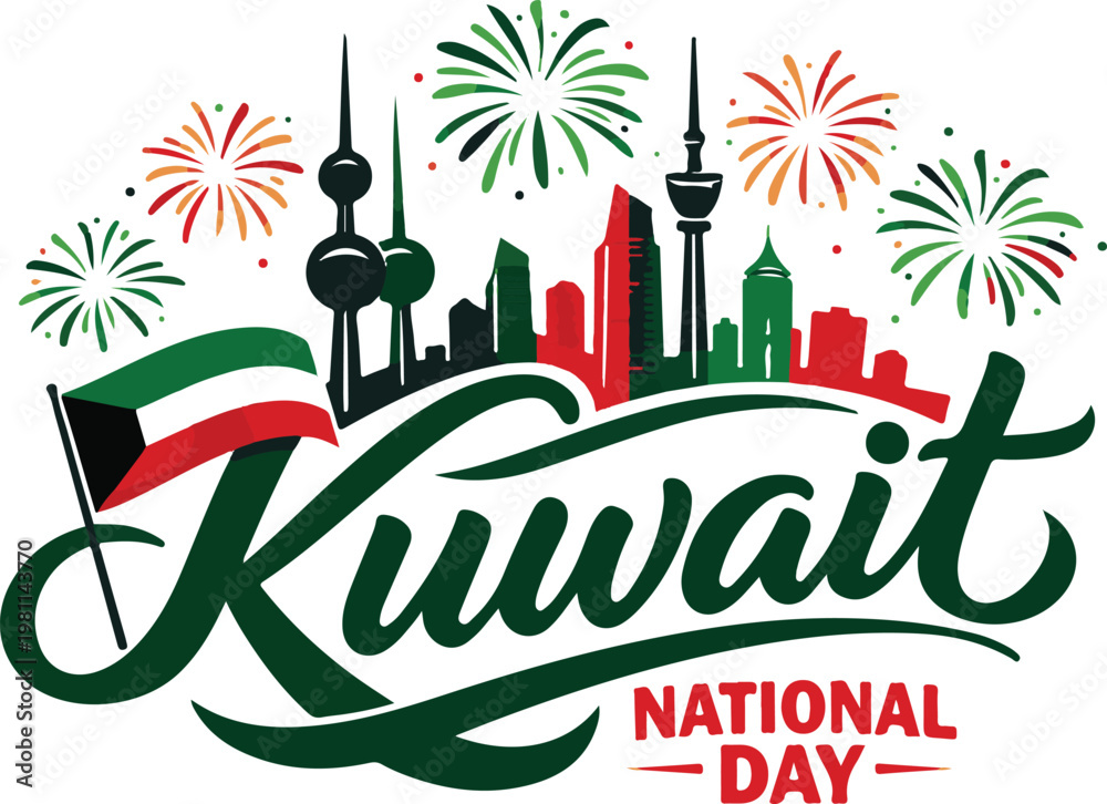 Obraz premium Kuwait National Day celebration typography with skyline and fireworks