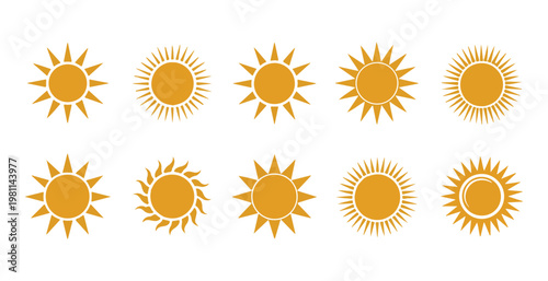 Golden sun icons collection featuring different ray designs and geometric solar shapes for designs.