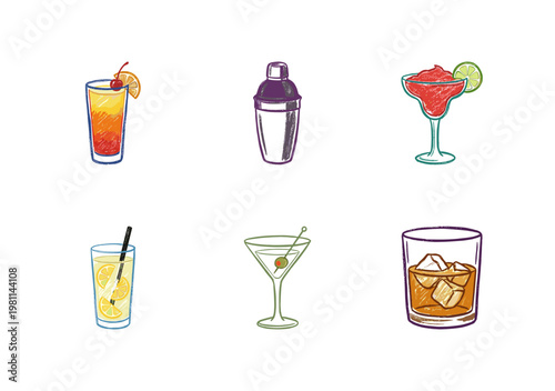 Summer Tropical Cocktails and Refreshing Cold Drinks with Fluid Crayon Pencil Texture in Crayon Colorful Style