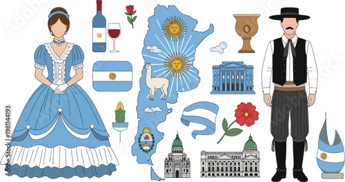 Argentina Culture Icons Set with Traditional Costume, Map, Flag, Landmarks, Wine, Gaucho and National Symbols South America Travel Vector Illustration