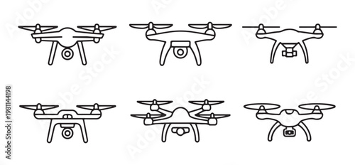 Aerial drone technology line icon collection featuring classic quadcopter designs for various sectors.