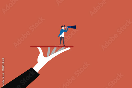 Business visionary, looking for career opportunity, leadership, business direction or discovery concept, Businessman with telescope on giant hand empower her to see future. 1