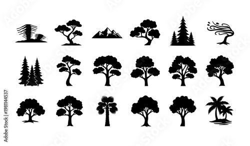 Stylized tree silhouettes vector set mixed biome forest and nature black shapes eps10