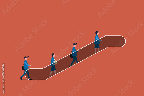 Business metaphor showing a line of professionals on an upward escalator, representing corporate hierarchy, career progression, and automatic growth