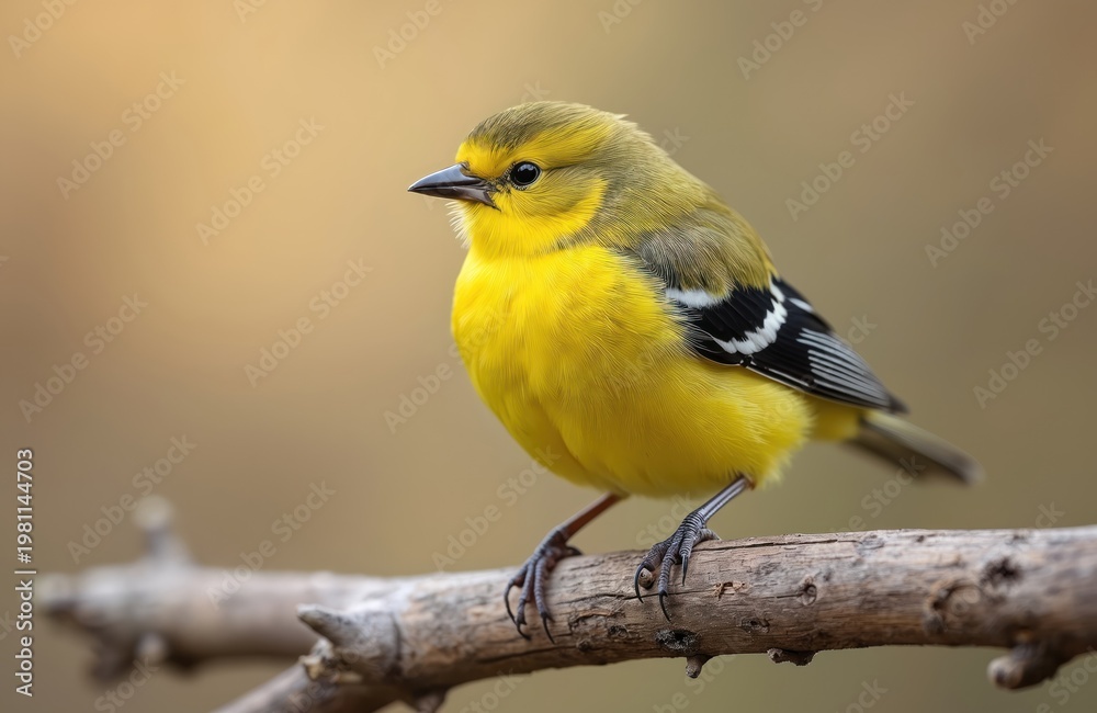 Fototapeta premium Citril finch bird sits on tree branch. Small yellow bird with black markings on wings. Wildlife in natural habitat. Birdwatching hobbyists seek this species.