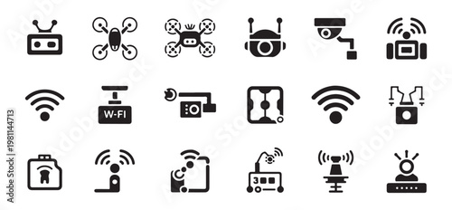 Set of technology icons featuring surveillance devices communication tools and smart gadgets.