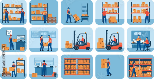 Warehouse Operations and Logistics Workflow Set with Workers, Forklift, Inventory Storage, Packaging, Shipping and Distribution Process Vector Illustration Collection