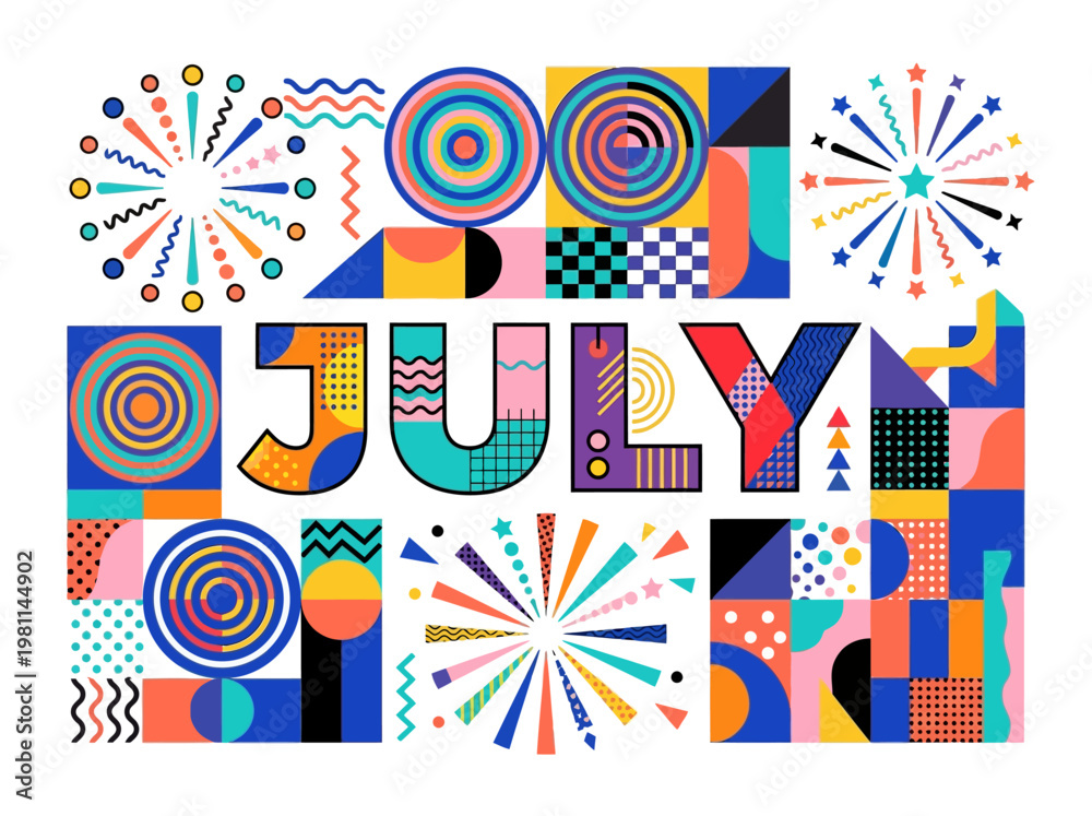 Obraz premium Vibrant retro geometric vector illustration for July celebrations, featuring festive patterns and stylized fireworks artwork