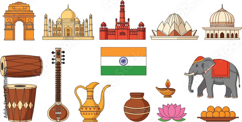 India Culture Icons Set with Taj Mahal, Red Fort, Lotus Temple, Flag, Elephant, Traditional Instruments and Festival Elements Vector Illustration