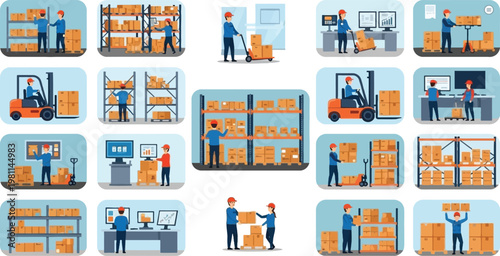 Warehouse Logistics and Delivery Process Set with Workers, Forklift, Packaging, Inventory Management and Shipping Operations Vector Illustration Collection