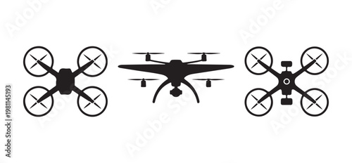 Modern drone and plane hybrid silhouettes for aerial photography isolated on transparent background.