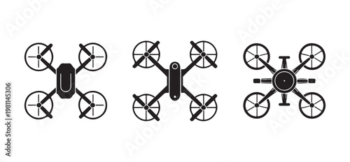 Unmanned aerial vehicle top view silhouettes collection for tech projects on transparent background.