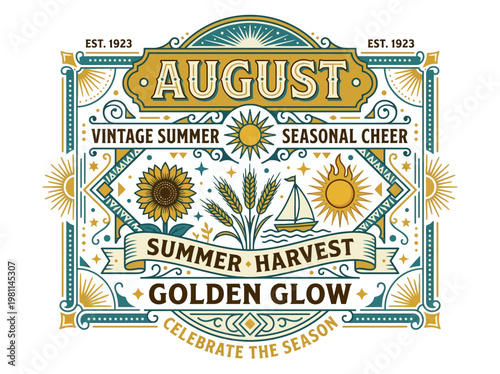 Vintage August Summer Emblem: Ornate Graphic Celebrating Golden Harvest, Sunflowers, Wheat, and Sailboat, Evoking Seasonal Cheer.