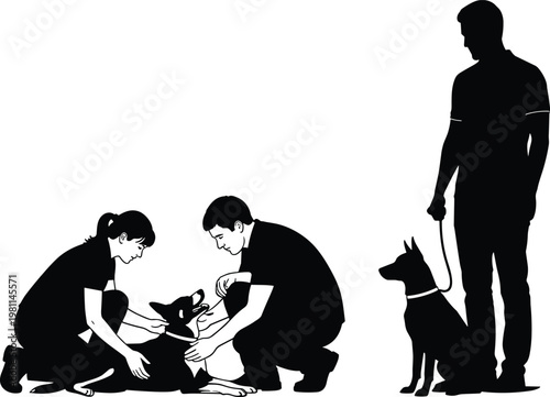 Silhouette of pet owners caring and examining dog while handler holds another on leash illustrating veterinary care and training concept