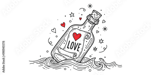 Message in a bottle love and romance illustration