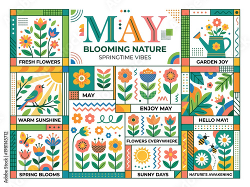 Vibrant retro flat illustration celebrating May's blooming nature and joyful springtime vibes with flowers, birds, and sunshine.