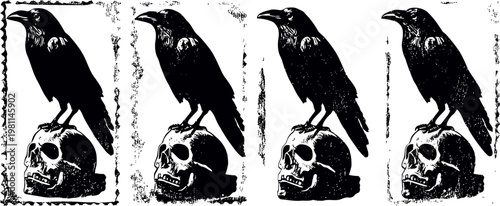 black raven perched on human skull with candles and bones gothic dark mysterious spooky theme