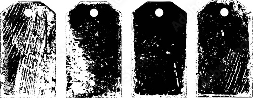 set of four vintage distressed price tags with circular holes, textured grunge labels for design