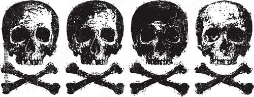 Grunge skull and crossbones pattern vintage pirate symbol with distressed texture in black and white