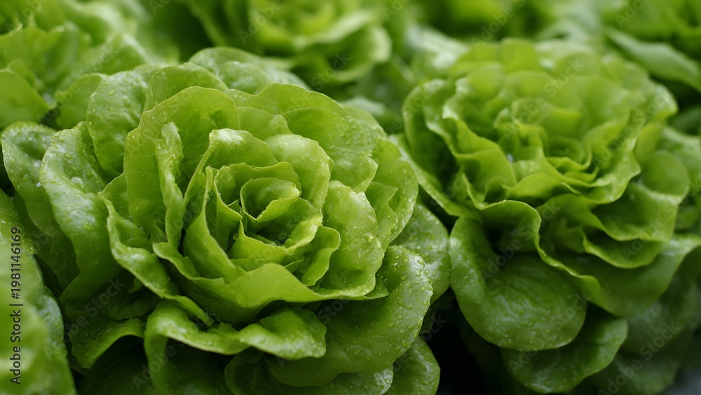 Fototapeta premium Fresh Butter Lettuce Heads Growing in a Garden, Close-up Macro View