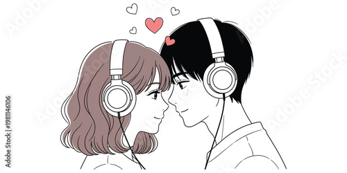 Anime couple sharing headphones and a tender moment of connection