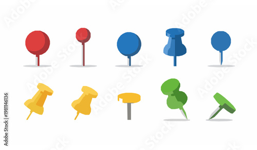 Colorful push pin icon set in flat style isolated on white background for office and map marker design