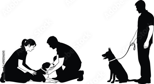 Silhouette of pet owners training and caring dog with leash obedience veterinary care interaction lifestyle and responsible pet ownership concept