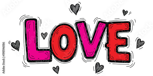 Colorful sketch of the word 'love' with hearts