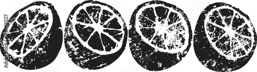 Black and white citrus fruit halves with textured detail vintage hand drawn orange slices illustration