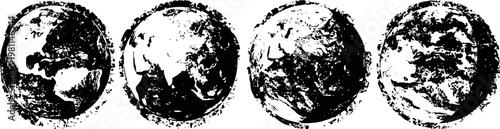 grunge distressed earth globes set four textured world map illustrations, vintage environmental and planet design elements