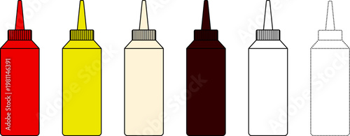 Ketchup Mustard Mayo Bottles Outline Dotted Dashed Coloring Page Set