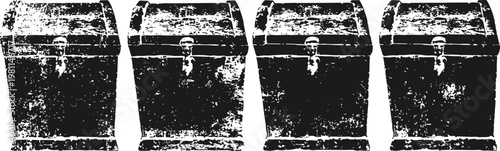 Four vintage metal storage chests in a row with rustic textures and locked latches