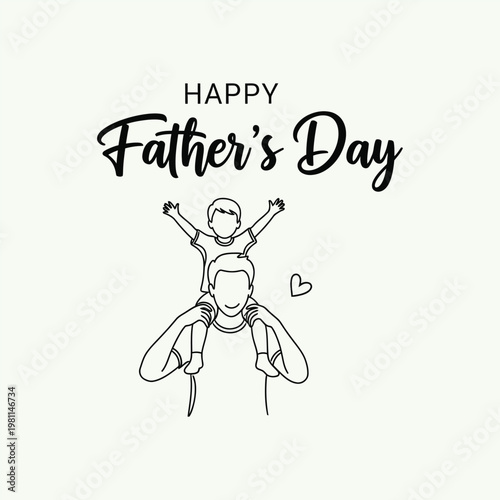 Happy fathers day line art illustration of father carrying son on shoulders for greeting card, social media post