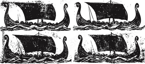 Viking longships sailing in rough waters ancient wooden boats with curved dragon prows and large sails