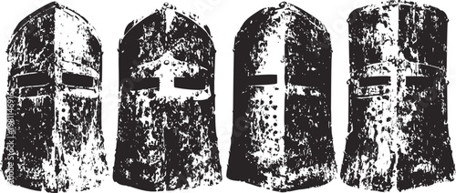 Four medieval steel helmets with slits and cross motifs, worn vintage knight armor collection